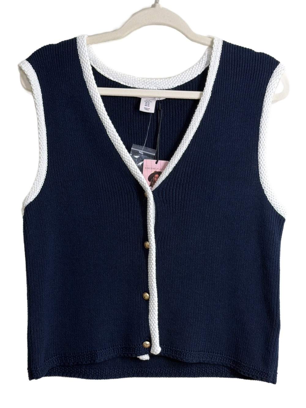 Sincerly Jules Navy Knit V‑Neck Sleeveless Button Vest with White Trim